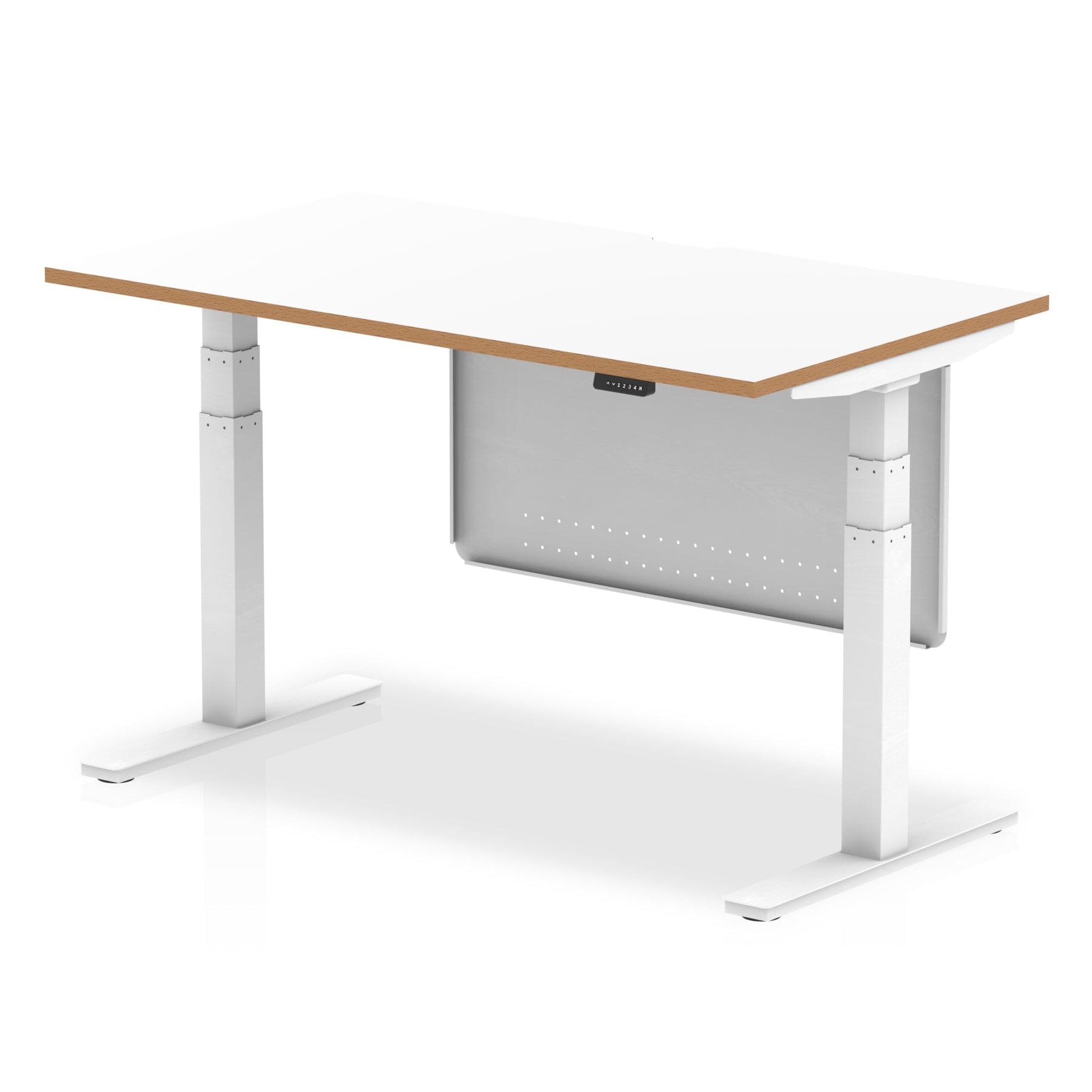 Oslo Air Height Adjustable Desk White Top Natural Wood Edge White Frame with White Steel Modesty Panel - Image 2