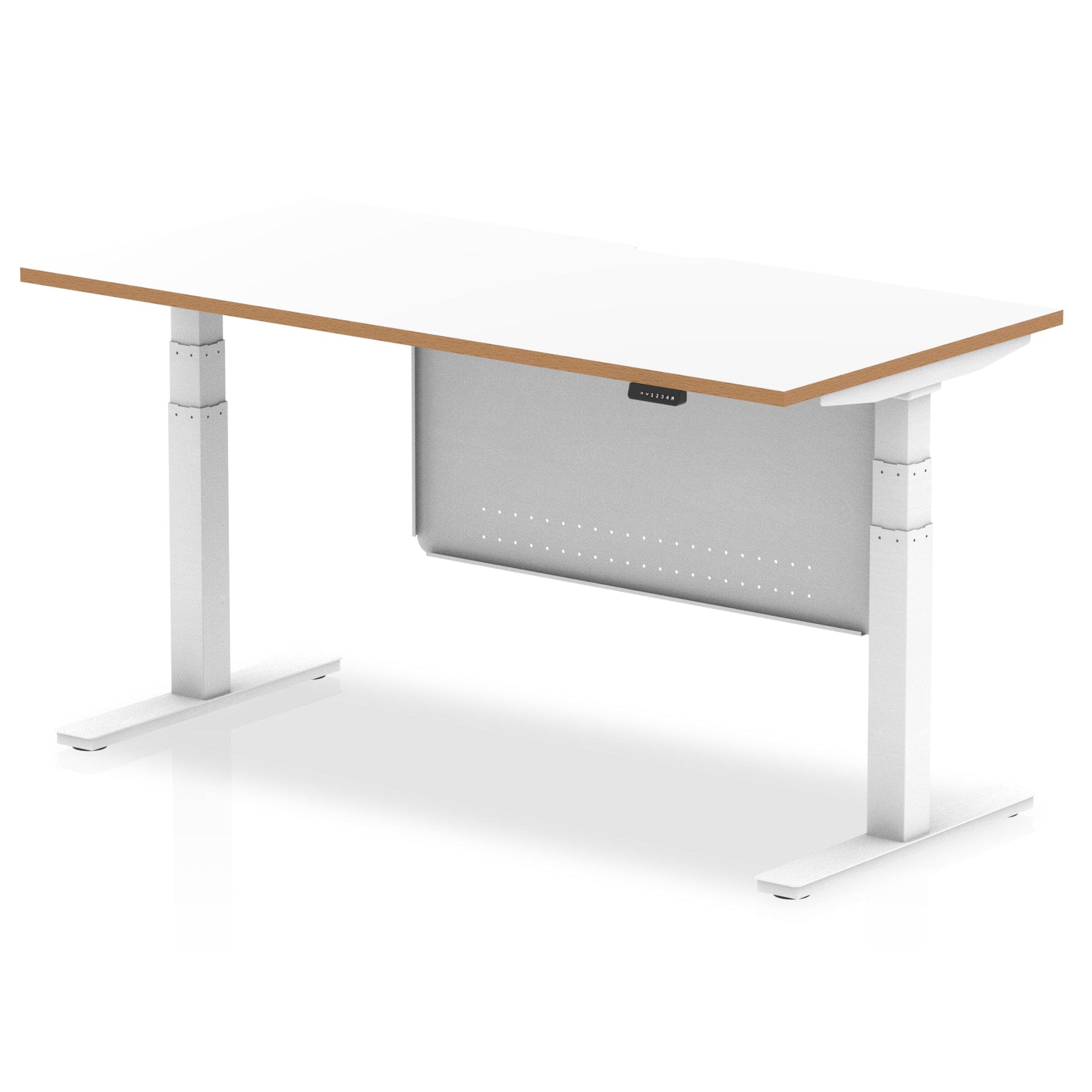 Oslo Air Height Adjustable Desk White Top Natural Wood Edge White Frame with White Steel Modesty Panel - Image 3